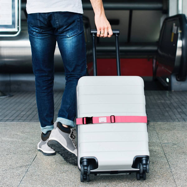 ✅ Heavy Duty Luggage Strap Suitcase Belts - with Personalised Baggage Claim Identifier Address Label (Bright Pink) - One-Wear