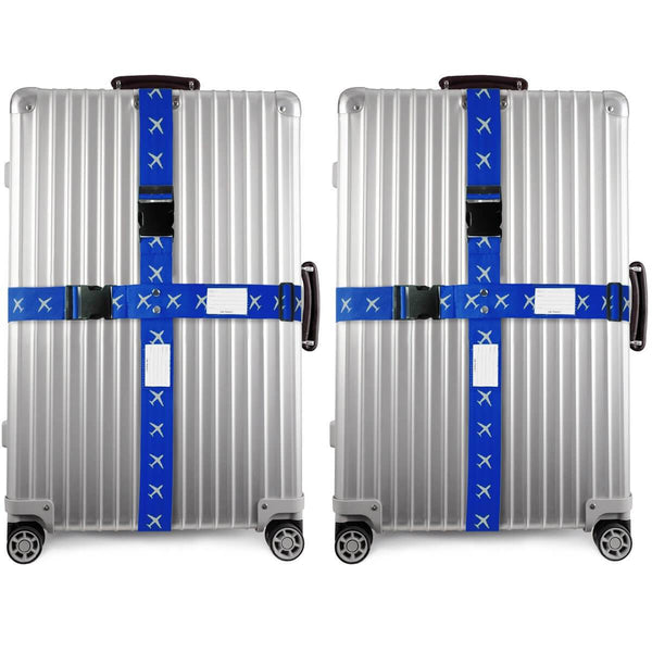 Bright blue luggage cross strap suitcase belts with baggage label tag