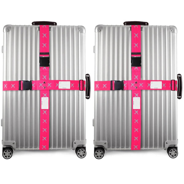 ✅ Heavy Duty Luggage Cross Strap Suitcase Belts - with Personalised Baggage Claim Identifier Address Label (Pink) - One-Wear