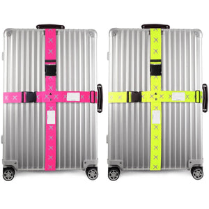 ✅ Heavy Duty Luggage Cross Strap Suitcase Belts - with Personalised Baggage Claim Identifier Address Label (Pink + Yellow) - One-Wear