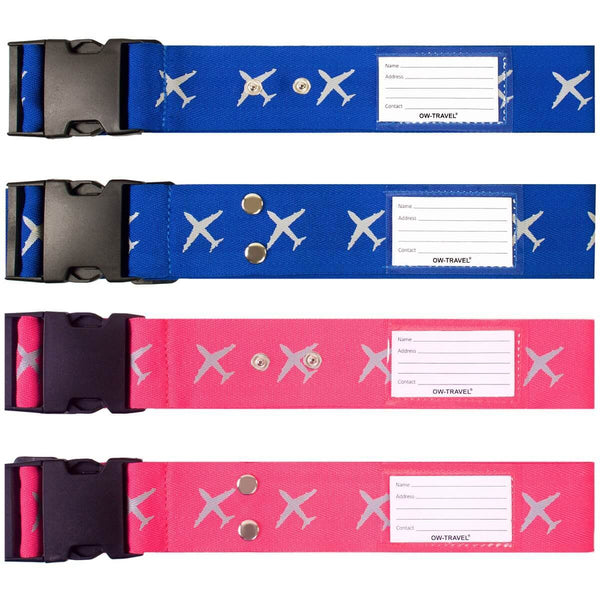 ✅ Heavy Duty Luggage Cross Strap Suitcase Belts - with Personalised Baggage Claim Identifier Address Label (Blue + Pink) - One-Wear