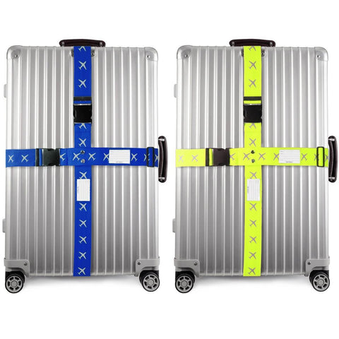 ✅ Heavy Duty Luggage Cross Strap Suitcase Belts - with Personalised Baggage Claim Identifier Address Label (Blue + Yellow) - One-Wear