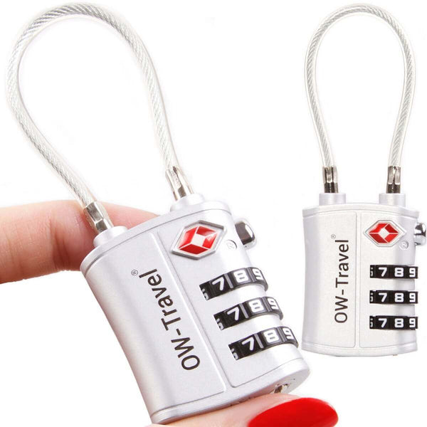 ✅ 3 Dial TSA Cable Combination Padlock - Travel Sentry Approved Heavy Duty Number Lock for Suitcases, Luggage, Gym Lockers and Tool Boxes - Silver - One-Wear